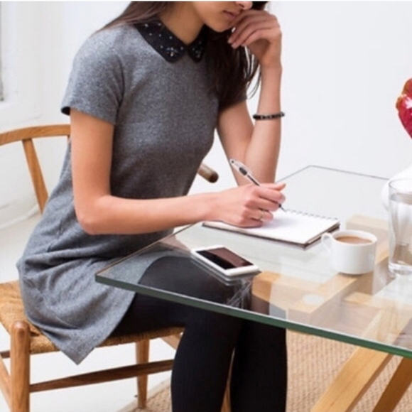 LOFT Ann Taylor Gray Shift Dress Jersey Embellished Peter Pan Collar Size Medium - Picture 2 of 16